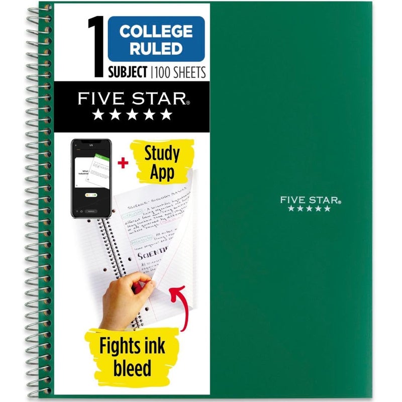 Five Star Spiral Notebook Plus Study App, 1 Subject, College Ruled Paper, 100 Sheets, 8-1/2" x 11", Forest Green (72055) - Image 1