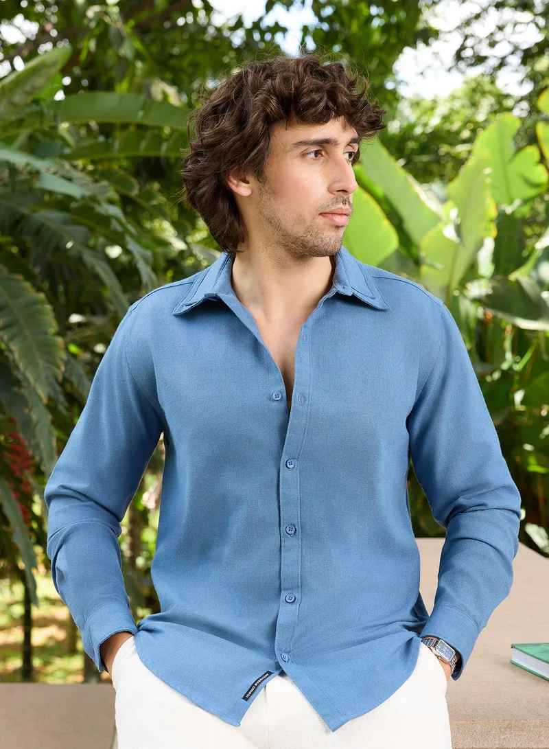 CAHOOT Men's Blue Plain/Basic Regular Shirt For Casual Wear | Collared Neck | Long Sleeve | Button Closure | Cotton Blend Shirt Crafted With Comfort Fit For Everyday Wear (3870)