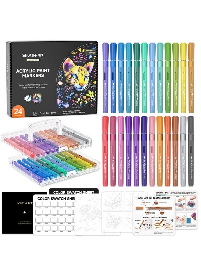 Shuttle Art Nk Control Acrylic Paint Markers, Shuttle Art 24 Metallic Colors Brush Tip Acrylic Paint Pens For Rock Painting, Ceramic, Wood, Canvas, Glass, Stone, Fabric, Card Making, Diy & Art Supplies - Image 1