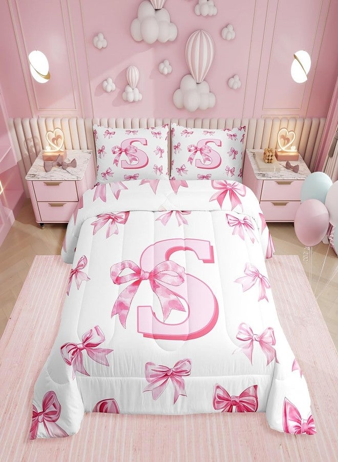 Erosebridal طقم لحاف سرير من Erosebridal Dreamy Bow باللون الوردي، طقم لحاف منقوش عليه حرف S، طقم لحاف بعقدة فيونكة، مقاس كوين للأطفال والبنات والمراهقات، لحاف أميرة كاواي للبنات - Image 1