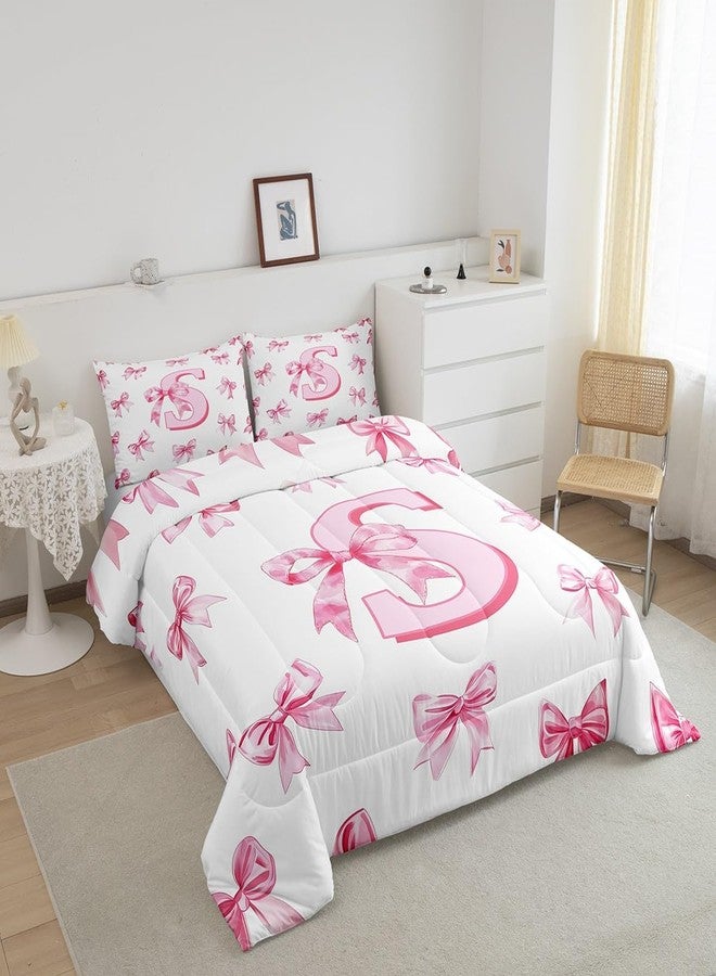 Erosebridal طقم لحاف سرير من Erosebridal Dreamy Bow باللون الوردي، طقم لحاف منقوش عليه حرف S، طقم لحاف بعقدة فيونكة، مقاس كوين للأطفال والبنات والمراهقات، لحاف أميرة كاواي للبنات - Image 3