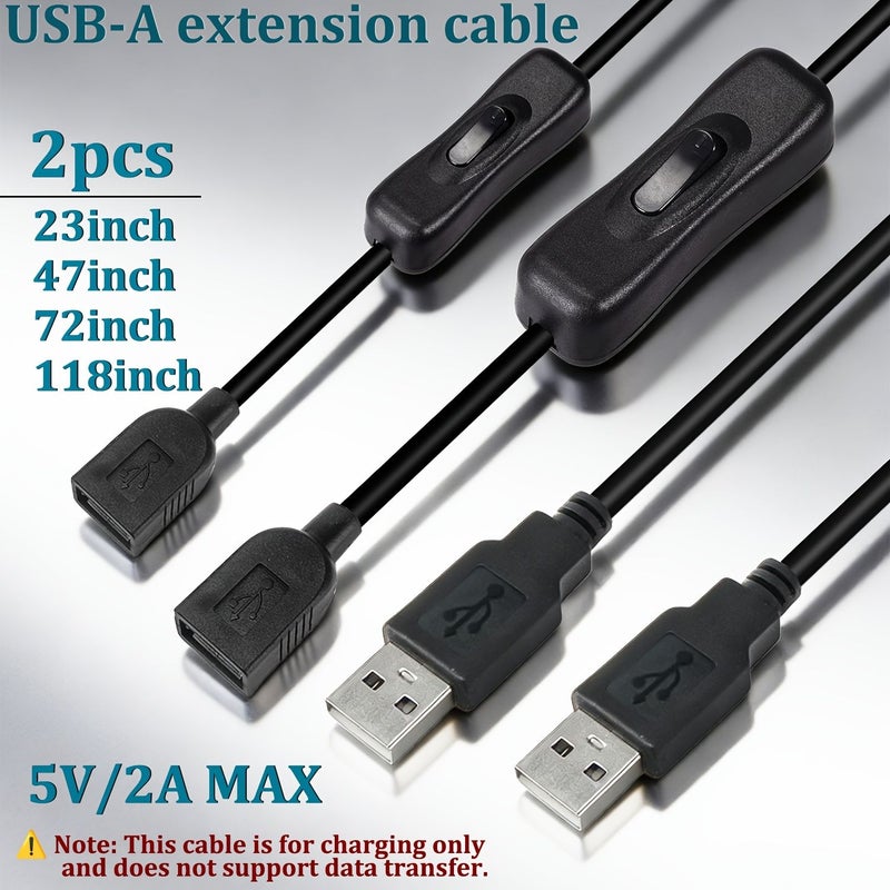 كابل تمديد USB 304 مع مفتاح كهربائي، بطول 72 بوصة، 5 فولت، ذكر إلى أنثى، عبوة من قطعتين، للمراوح وإضاءة LED - Image 3