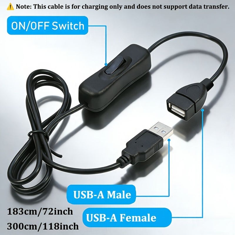 كابل تمديد USB 304 مع مفتاح كهربائي، بطول 72 بوصة، 5 فولت، ذكر إلى أنثى، عبوة من قطعتين، للمراوح وإضاءة LED - Image 1