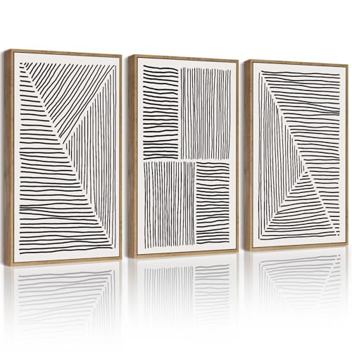 Drsoum MidCentury Modern Framed Wall Art Minimalist Abstract Boho Black Line Wall Decor Geometric Artwork Kitchen Dining Room 11x14in Natural Framed - Image 1