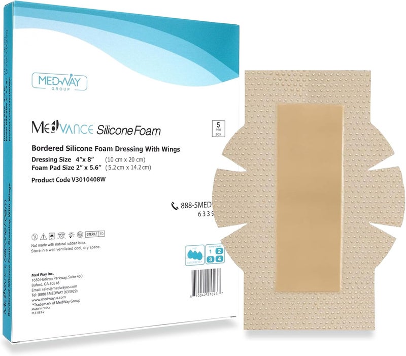 MedVanceTM Silicone - Bordered Silicone Adhesive Foam Dressing (4"x8" w/Wings, 5, Count)
