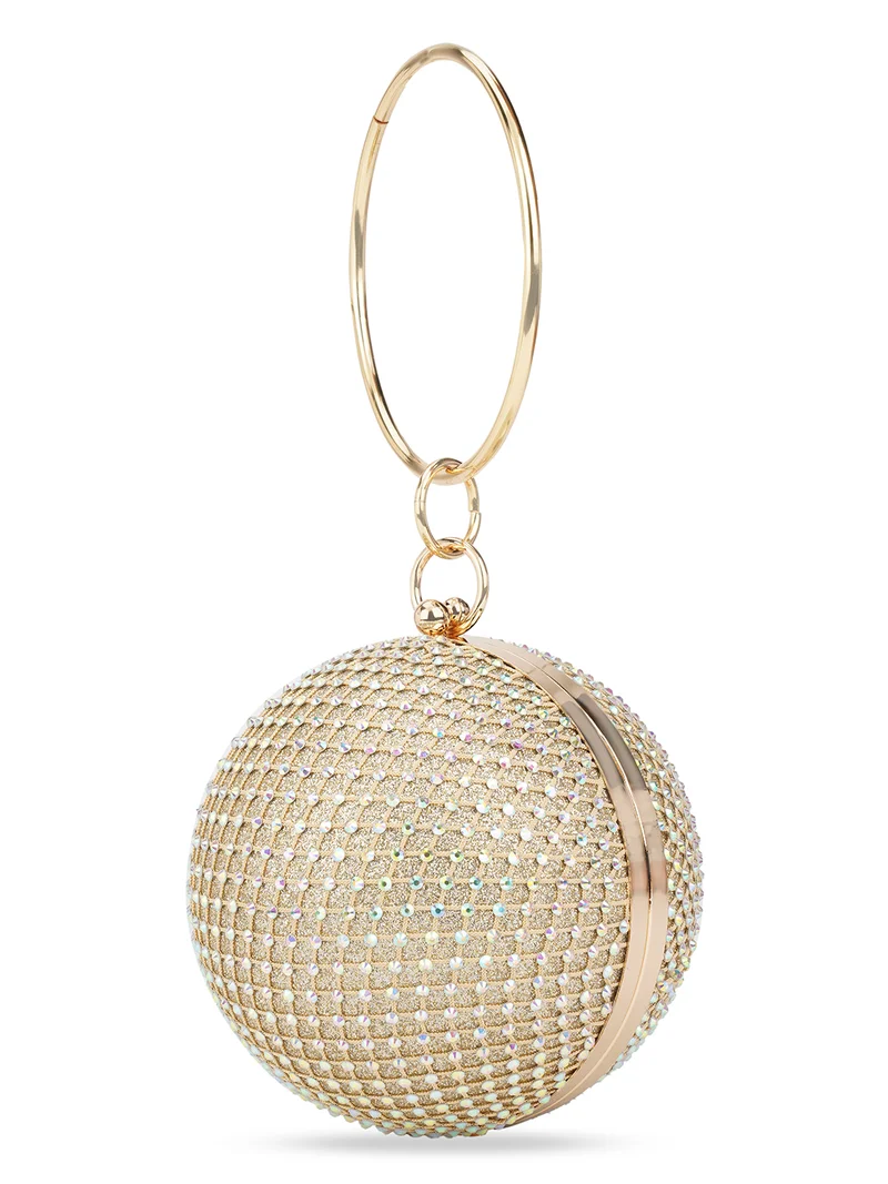 جلو باص حقيبة يد نسائية دائرية صغيرة بحزام سلسلة قابل للفصل وزخارف ذهبية