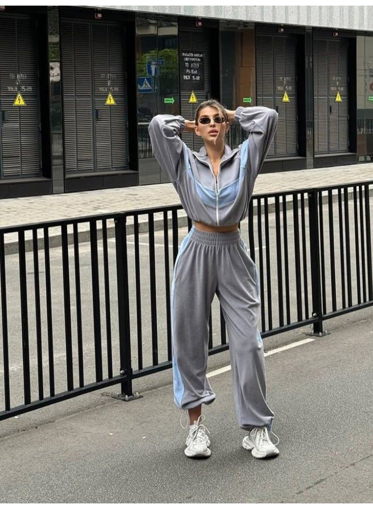 NIBEMINENT Sports Pant Sets Contrasting Colors Autumn Winter Daily Leisure Loose Winter Zippered Long-sleeved Top 2 Pieces Set Woman - Image 1