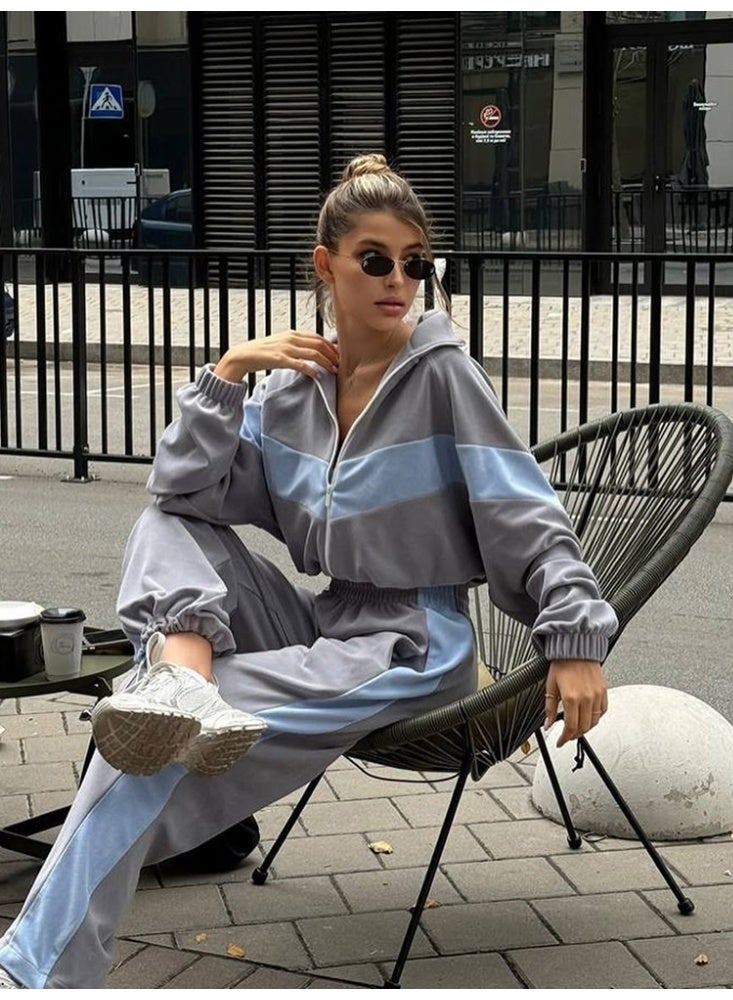 NIBEMINENT Sports Pant Sets Contrasting Colors Autumn Winter Daily Leisure Loose Winter Zippered Long-sleeved Top 2 Pieces Set Woman - Image 2