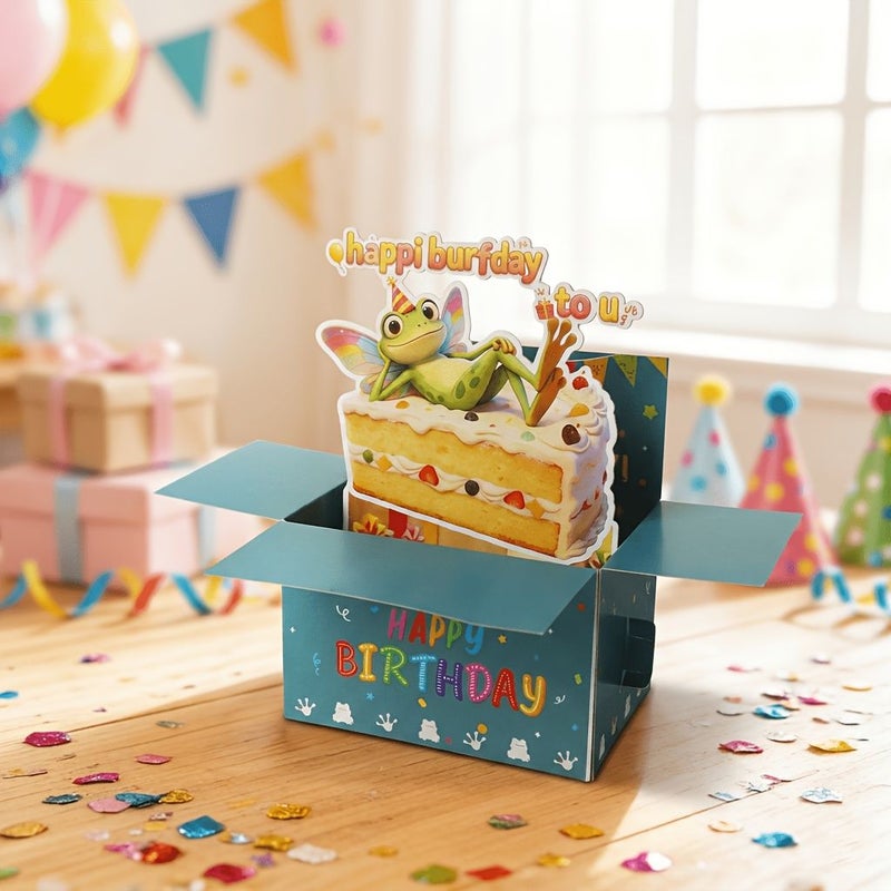 Frog 3D Pop Up Birthday Box Card Happy Surprise Gift - Image 1