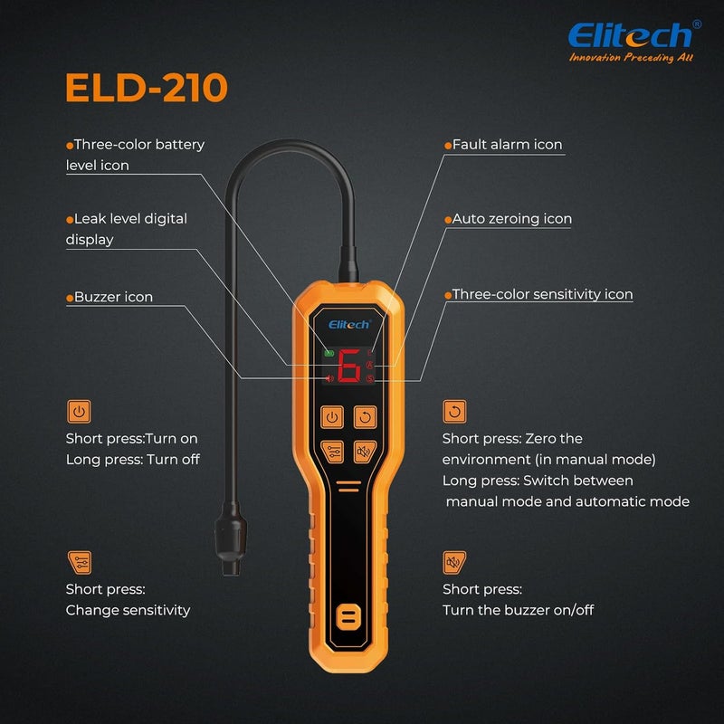 Elitech Refrigerant Leak Detector, Freon Leak Detector, Freon Sniffer Automotive Halogen Gas Leak Detector for R134A R410A R1234YF R600a R290 CFCs HCFCs HFCs HCs HFOs, ELD-210 - Image 4