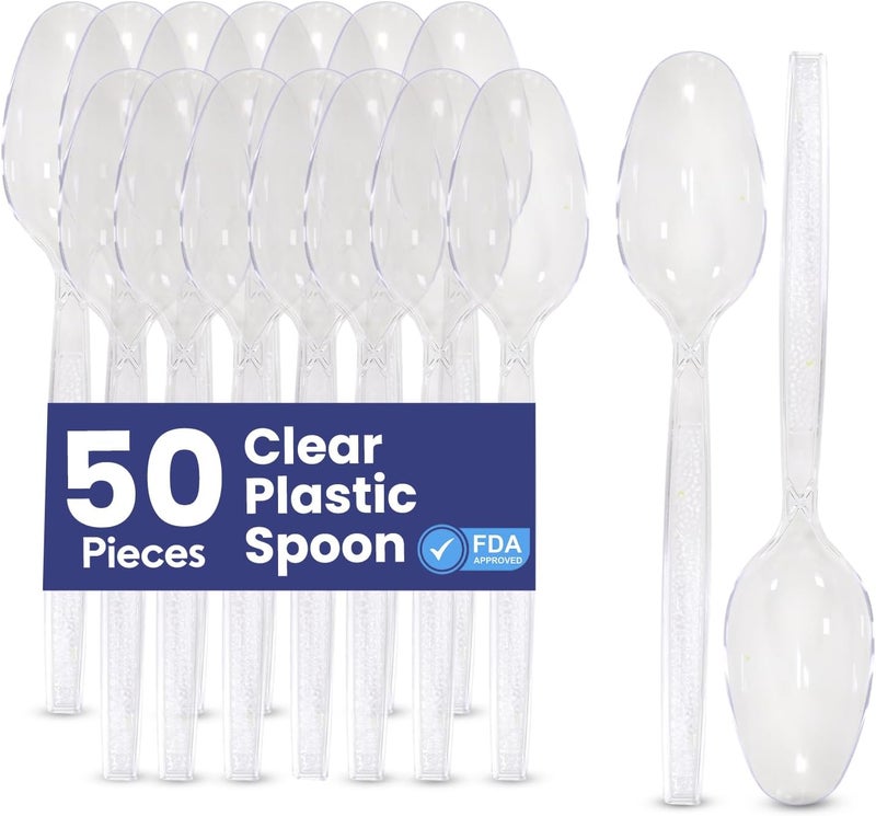 SNH Packing Clear Plastic Spoon - Heavyweight Disposable Spoon, Heavy Duty Cutlery Utensils Perfect For Parties And Restaurants 50 Pieces. - Image 1