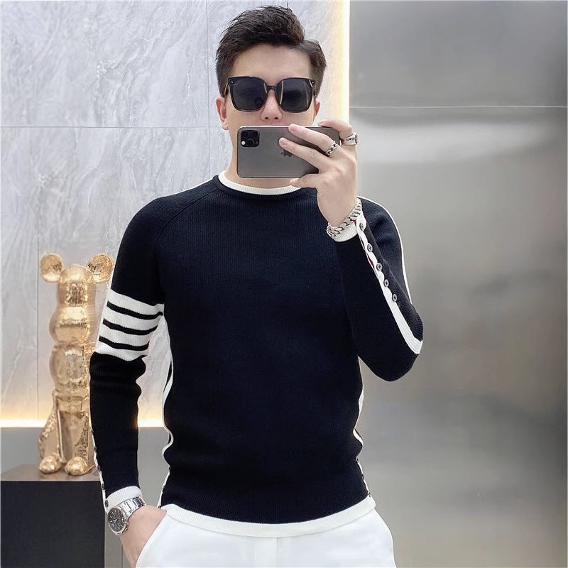 2023 Mens Striped Knit Sweater Autumn Winter Black - Image 3