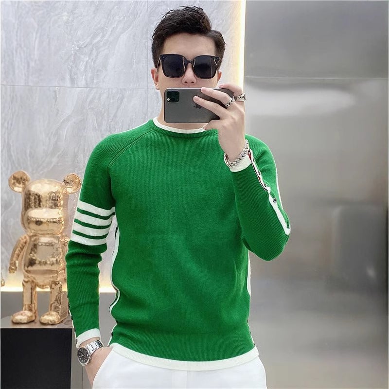 2023 Mens Striped Knit Sweater Autumn Winter Black - Image 4
