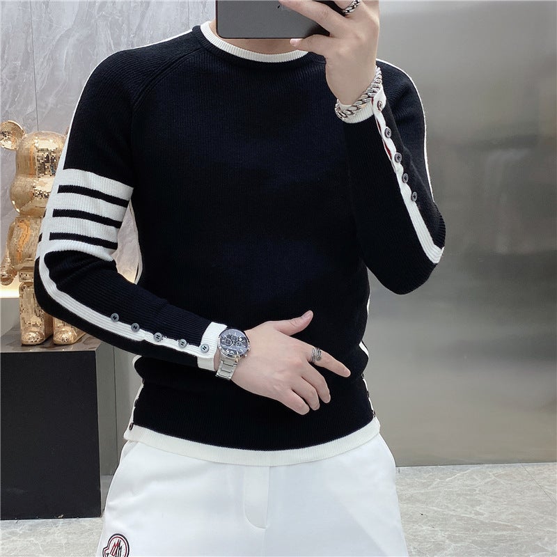 2023 Mens Striped Knit Sweater Autumn Winter Black - Image 1