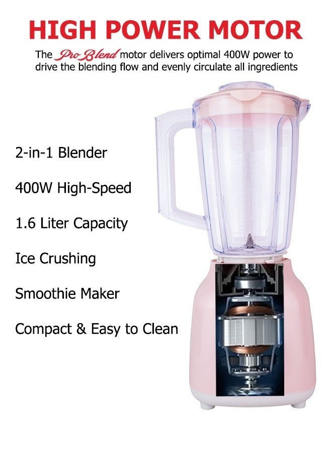 lynx - Lynx 2-in-1 Blender, 400W, 1.6L Capacity, LN-BL-4130   High-Speed Electric Blender for Smoothies, Shakes, Ice Crushing, Juicing, and Food Prep – Easy to Clean, Compact & Stylish, Pink - Image 1