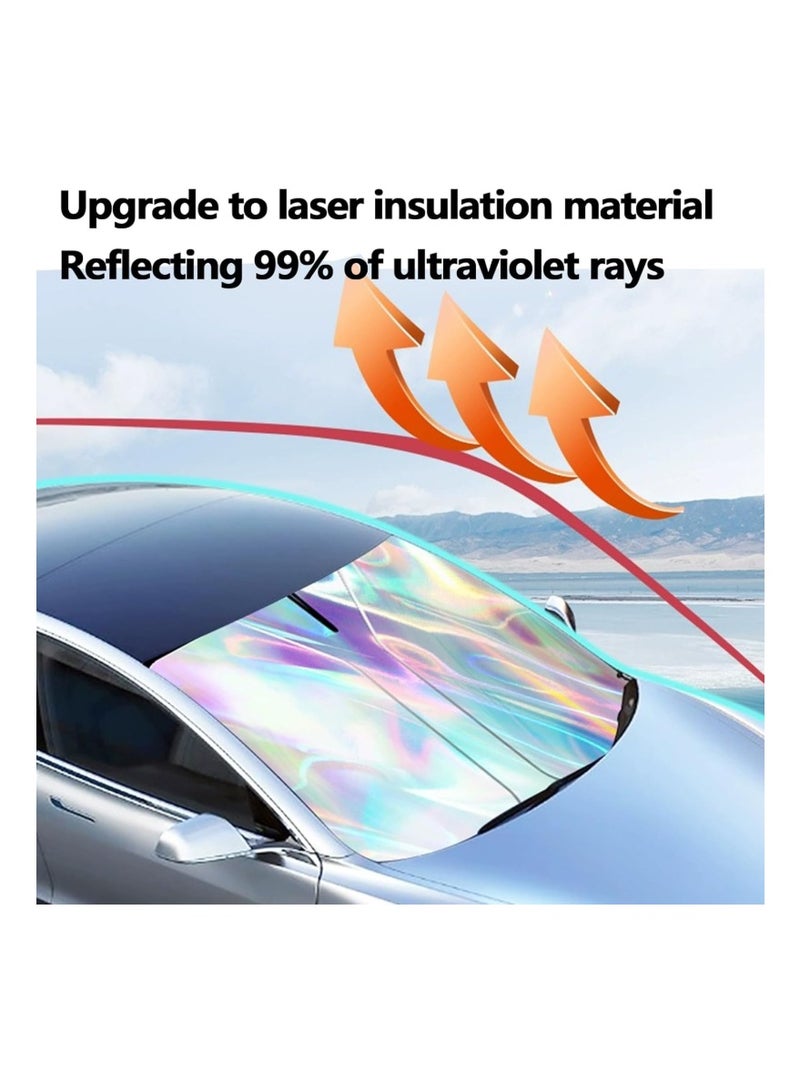 Windshield Sun Shade, car Front Windshield Sunshade with Mirror V-Cut, Foldable Front Car Sun Shield, Automotive Interior Sun Protection Fits Passenger Car, Sedans, SUV (Dazzling Laser) - Image 4