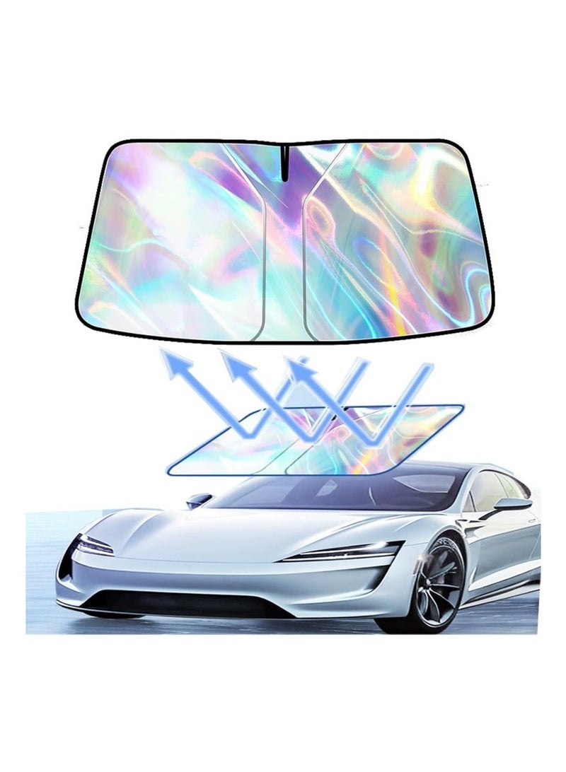 Windshield Sun Shade, car Front Windshield Sunshade with Mirror V-Cut, Foldable Front Car Sun Shield, Automotive Interior Sun Protection Fits Passenger Car, Sedans, SUV (Dazzling Laser) - Image 1