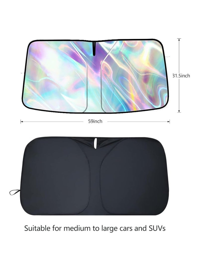 Windshield Sun Shade, car Front Windshield Sunshade with Mirror V-Cut, Foldable Front Car Sun Shield, Automotive Interior Sun Protection Fits Passenger Car, Sedans, SUV (Dazzling Laser) - Image 2
