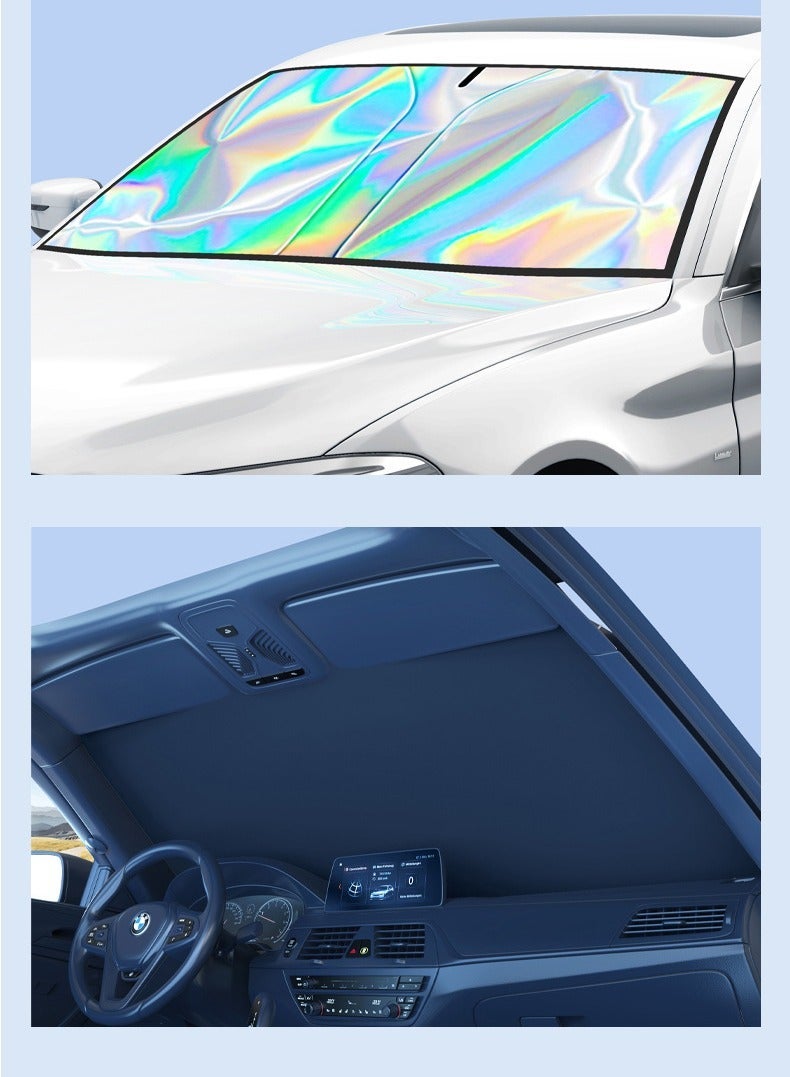 Windshield Sun Shade, car Front Windshield Sunshade with Mirror V-Cut, Foldable Front Car Sun Shield, Automotive Interior Sun Protection Fits Passenger Car, Sedans, SUV (Dazzling Laser) - Image 3