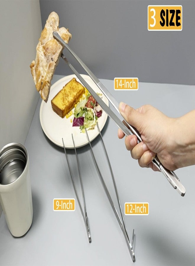 JETKONG 3 Pcs Extra Long Kitchen Tweezers Heavy Duty Stainless Steel Cooking Tweezers (9 12 14 Inch, Silver) - Image 3