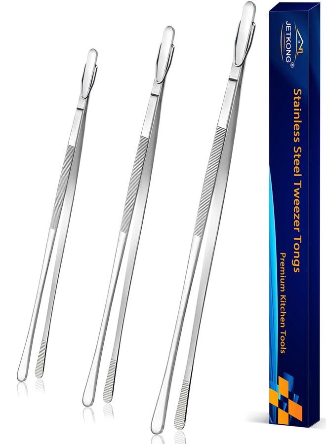 JETKONG 3 Pcs Extra Long Kitchen Tweezers Heavy Duty Stainless Steel Cooking Tweezers (9 12 14 Inch, Silver) - Image 1