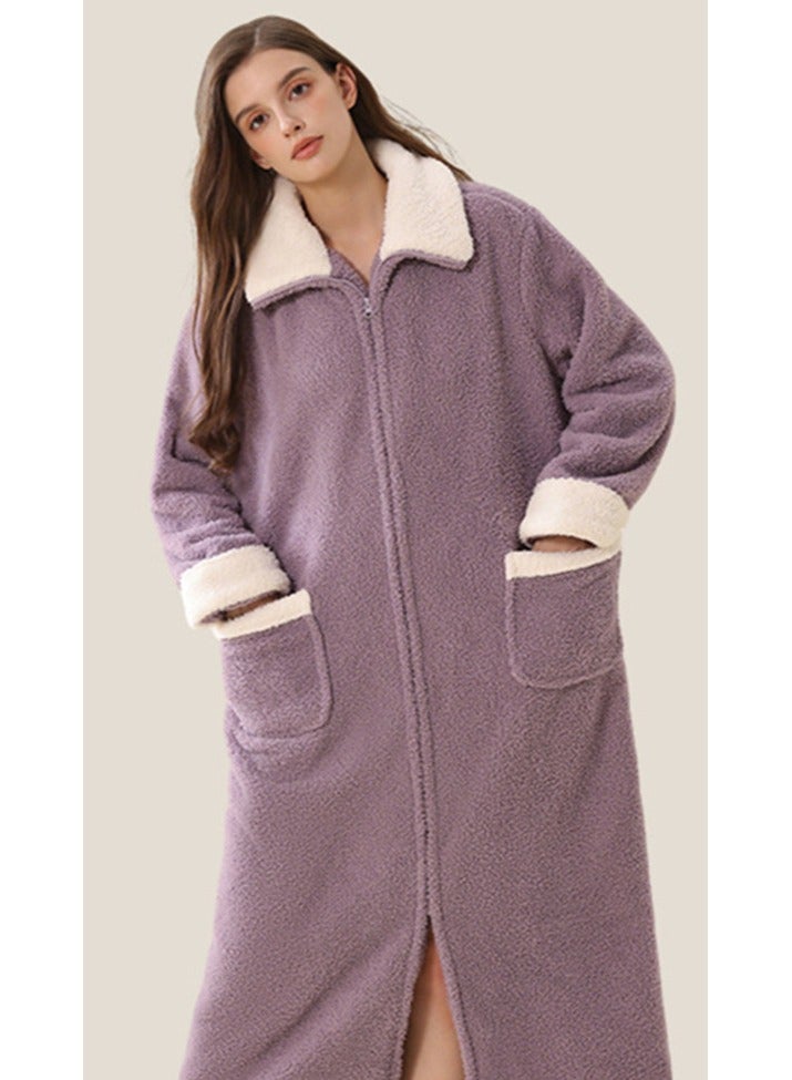 إسكدنيا النساء الشتاء طويلة سميكة زيبر لابل فستان ليلي مخملي رداء حمام بيجاما أرجواني - Image 2