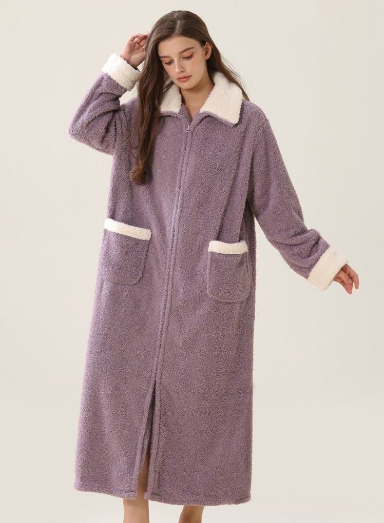 إسكدنيا النساء الشتاء طويلة سميكة زيبر لابل فستان ليلي مخملي رداء حمام بيجاما أرجواني - Image 1