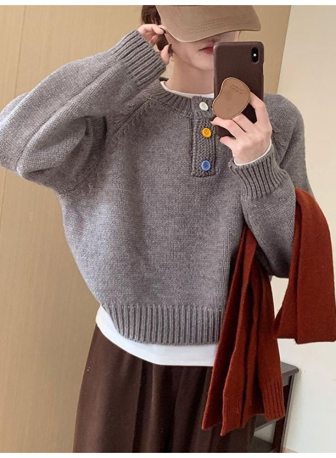 Leyuan New Autumn Winter Dopamine Color Button Loose Slimming Versatile Knitted Sweater Lazy Casual Top Women - Image 5