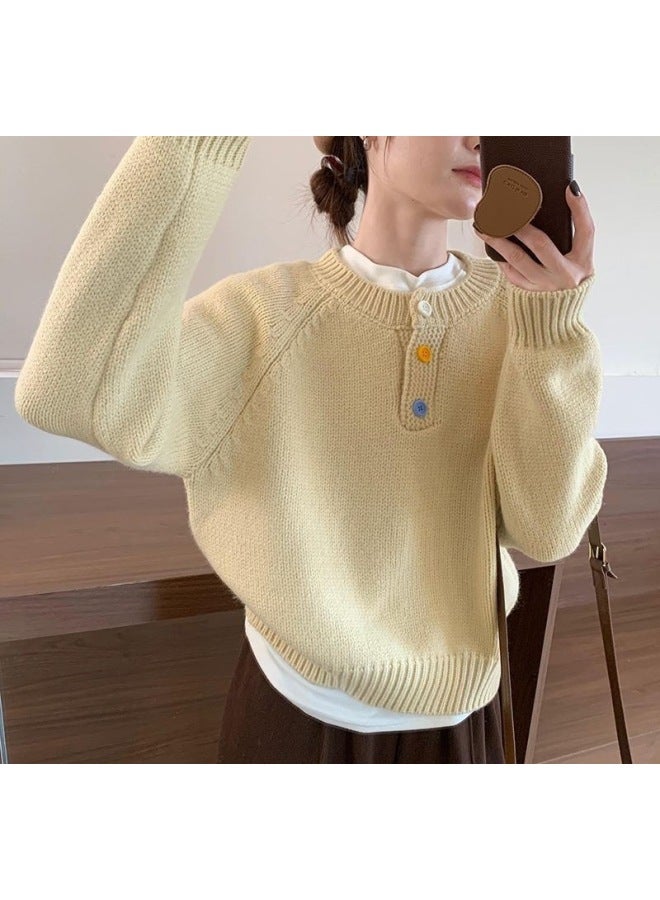 Leyuan New Autumn Winter Dopamine Color Button Loose Slimming Versatile Knitted Sweater Lazy Casual Top Women - Image 1