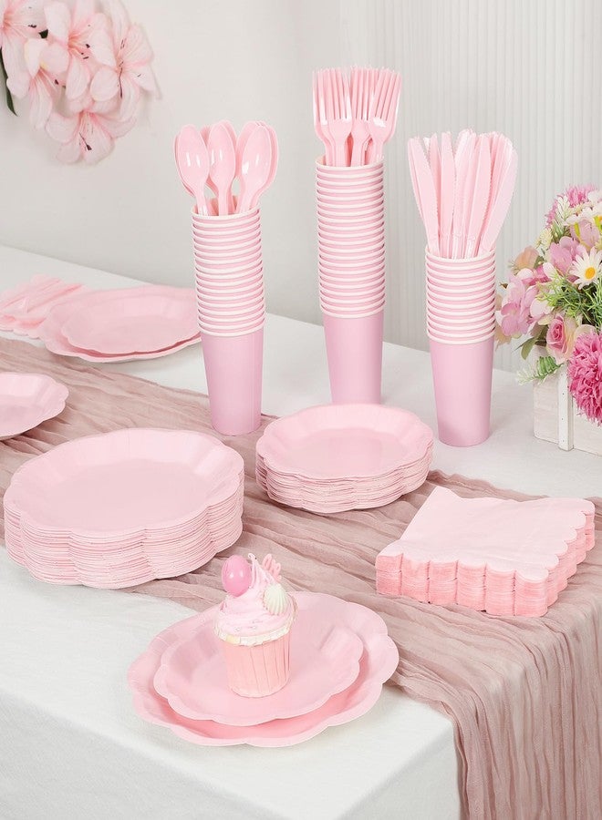 NatNarr 175 Pcs Light Pink Plates and Napkins Set, 25 Guest Pink Party Supplies Include Scalloped Plate Napkin Cup Forks Knives Disposable Plastic Cutlery for Wedding Baby Shower Birthday Party - Image 5