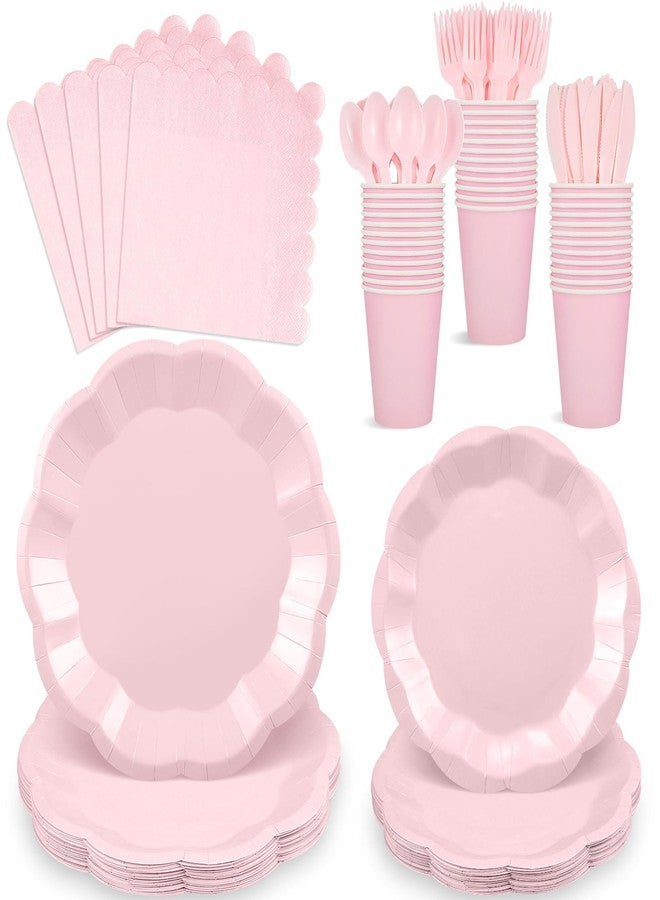 NatNarr 175 Pcs Light Pink Plates and Napkins Set, 25 Guest Pink Party Supplies Include Scalloped Plate Napkin Cup Forks Knives Disposable Plastic Cutlery for Wedding Baby Shower Birthday Party - Image 1