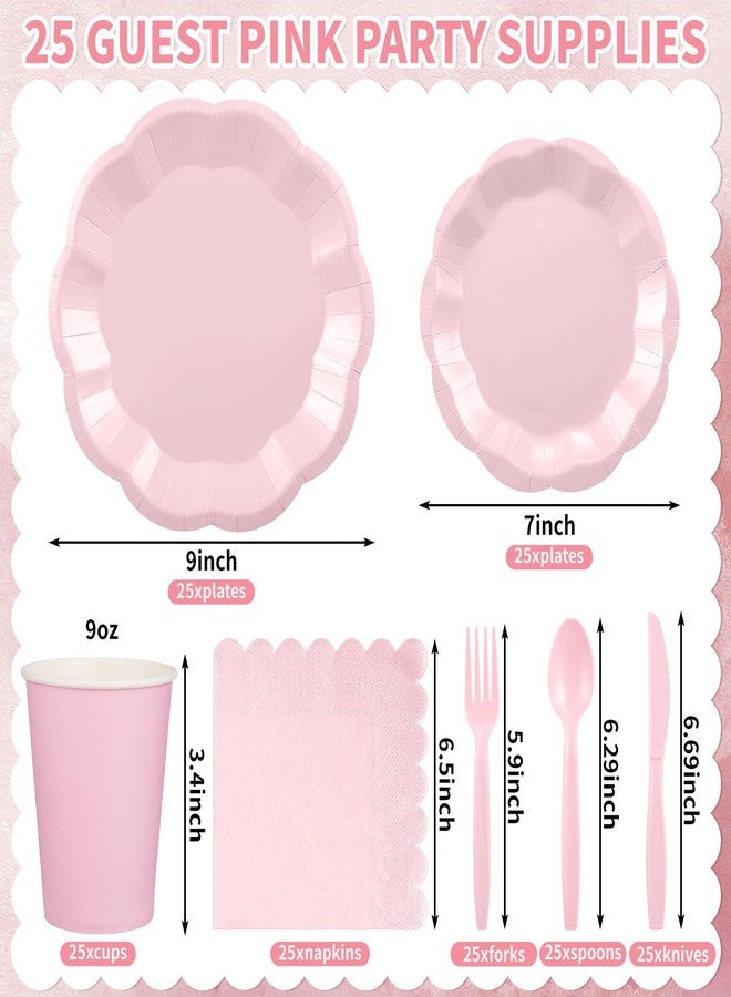 NatNarr 175 Pcs Light Pink Plates and Napkins Set, 25 Guest Pink Party Supplies Include Scalloped Plate Napkin Cup Forks Knives Disposable Plastic Cutlery for Wedding Baby Shower Birthday Party - Image 2