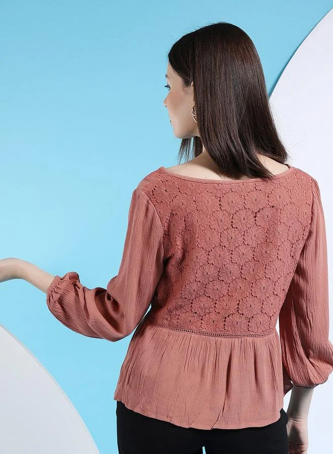 Freehand  Freehand Women Pink Lace Insert Long Sleeve Top for Women | Best Price UAE