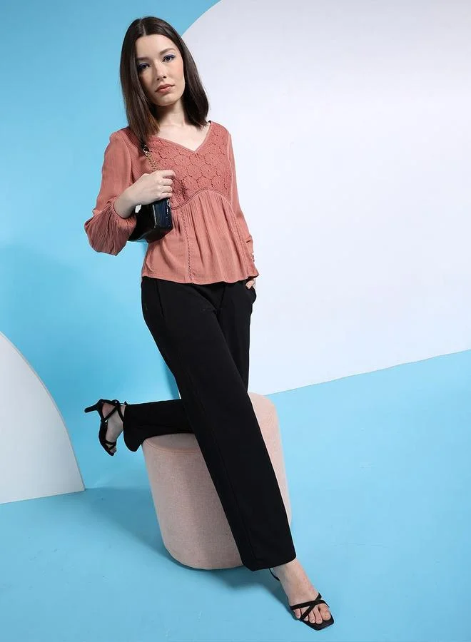 Freehand  Freehand Women Pink Lace Insert Long Sleeve Top for Women | Best Price UAE