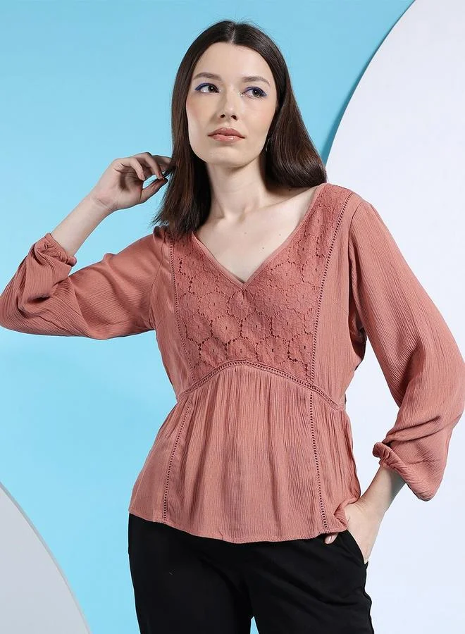 Freehand  Freehand Women Pink Lace Insert Long Sleeve Top for Women | Best Price UAE