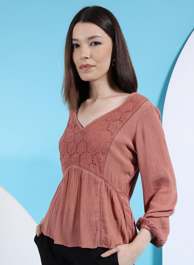 Freehand Women Pink Lace Insert Long Sleeve Top - Image 1