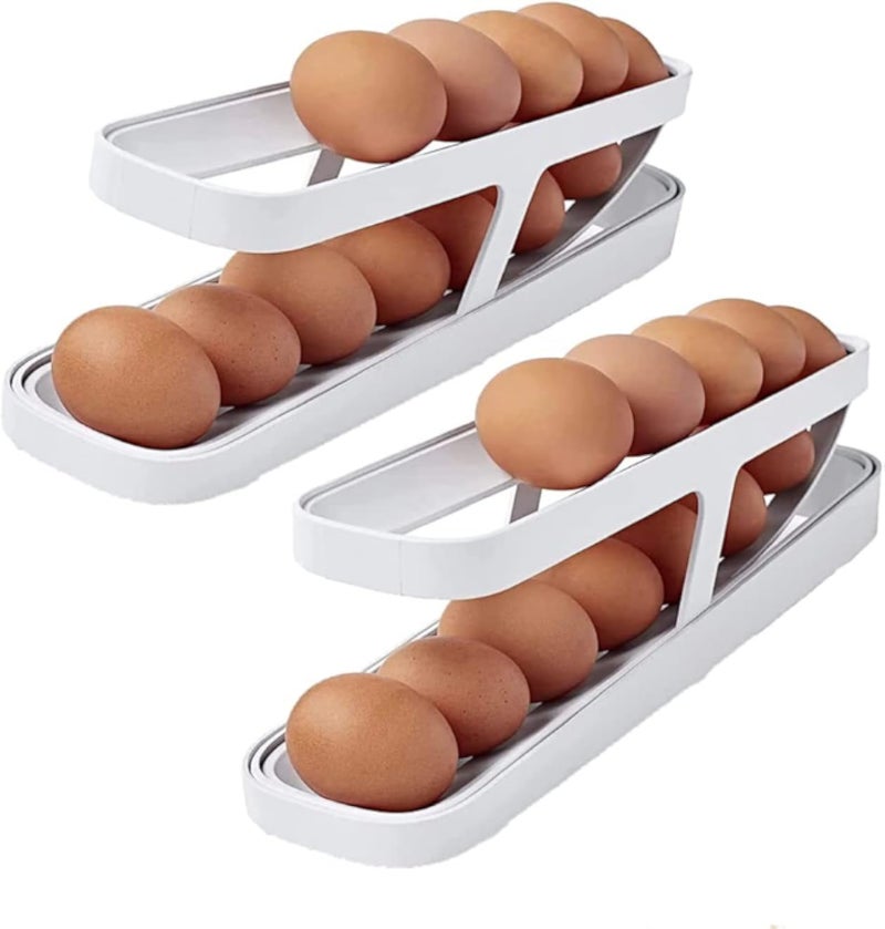 موزع بيض أوتوماتيكي - حامل تخزين بيض من طبقتين مع نظام انزلاق أوتوماتيكي، مثالي للثلاجة والمطبخ (عبوة من قطعتين)