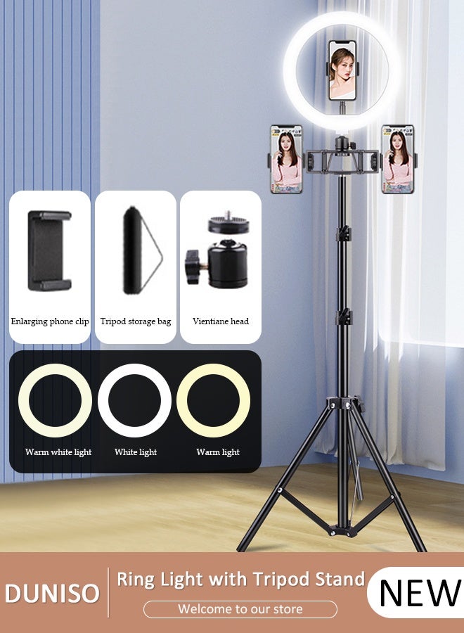 DUNISO حلقة إضاءة سيلفي مقاس 10 بوصات مع حامل ثلاثي القوائم للأرضية بطول 170 سم وحامل مكتب، إضاءة دائرية LED قابلة للتعتيم مع حامل للهاتف، للمكياج، والتقاط صور سيلفي، وتسجيل الفيديو، والبث المباشر - Image 1