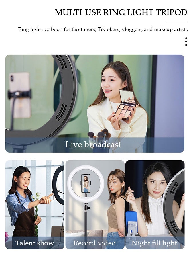 DUNISO حلقة إضاءة سيلفي مقاس 10 بوصات مع حامل ثلاثي القوائم للأرضية بطول 170 سم وحامل مكتب، إضاءة دائرية LED قابلة للتعتيم مع حامل للهاتف، للمكياج، والتقاط صور سيلفي، وتسجيل الفيديو، والبث المباشر - Image 5