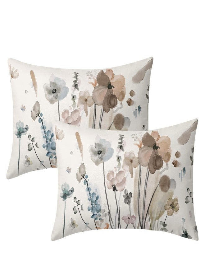 aportt Watercolor Floral Pillow Covers 12X20 in Brown Cream Grey Teal Flower Lumbar Pillow Cases Rustic Abstract Modern Recgantle Throw Pillows Set of 2 Summer Home Decor for Room Bedroom Bed Cushion - Image 1