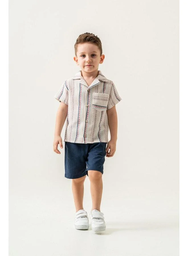 Magu Boys' Muslin Two-Piece Striped Short-Sleeve Shirt and Shorts Set – Summer and Breathable