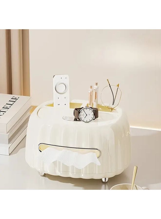Cream White Golden Tissue Box Holder With Remote Control Storage Modern Round Plastic Organizer - Image 3