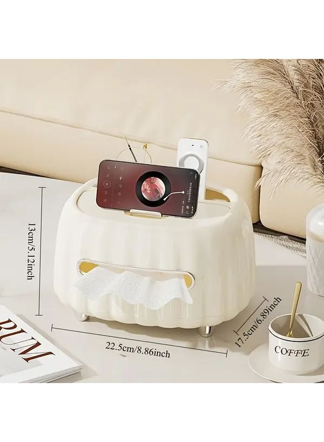 Cream White Golden Tissue Box Holder With Remote Control Storage Modern Round Plastic Organizer - Image 1