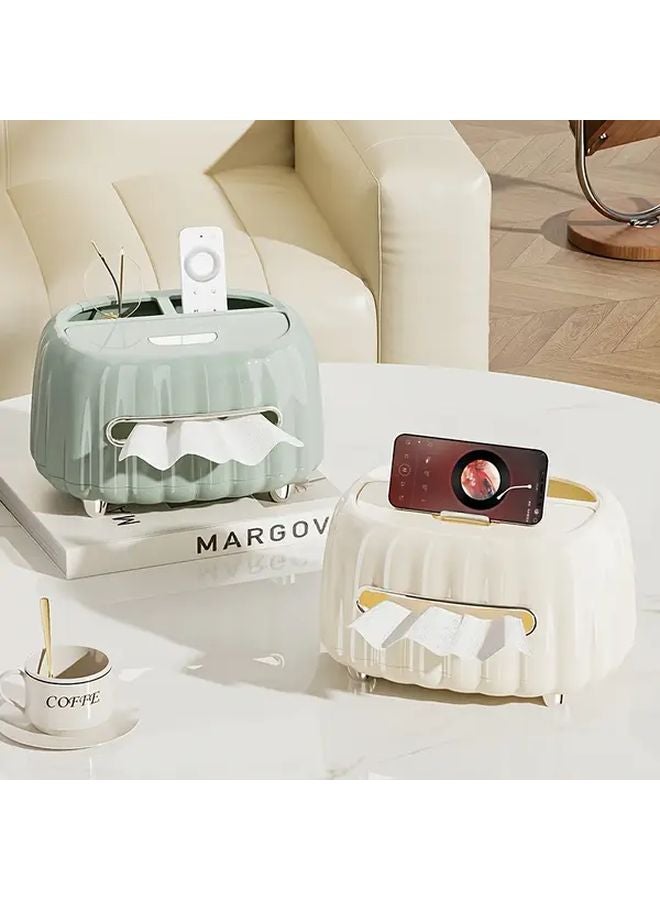 Cream White Golden Tissue Box Holder With Remote Control Storage Modern Round Plastic Organizer - Image 2