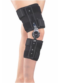 Knee Brace controls and restricts degree of flexion of the knee joint through a multi-point fixation system to allow a range of motion or immobilization to the knee