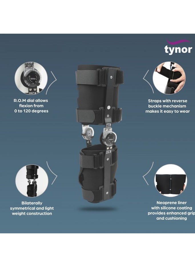 Tynor - Knee Brace controls and restricts degree of flexion of the knee joint through a multi-point fixation system to allow a range of motion or immobilization to the knee - Image 1