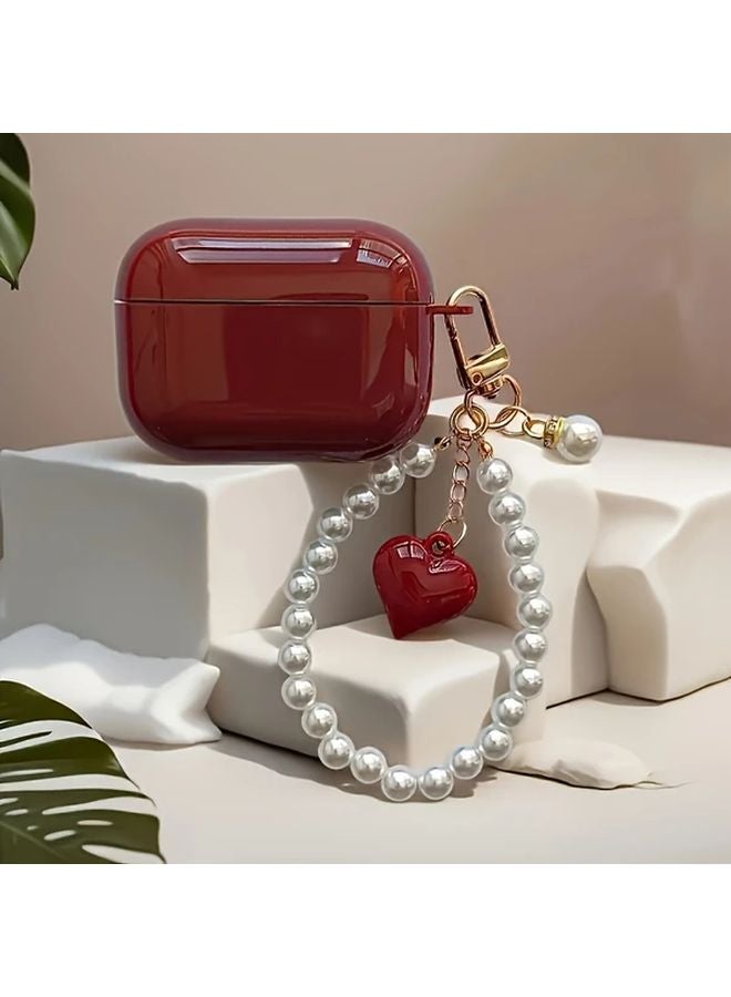 Crimson AirPods 4 Case With Pearl Heart Charm And Keychain Stylish Gift - Image 2