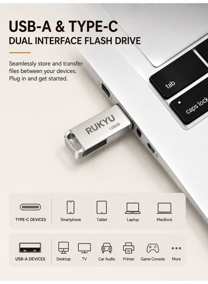 روكيو ذاكرة فلاش USB 3.0 بسعة 128 جيجابايت، مزودة بمنفذين مزدوجين (USB-A وType-C) وتقنية OTG، وتتميز بسرعة نقل بيانات تصل إلى 30 ميجابايت/ثانية؛ وحدة تخزين معدنية بتصميم دوار متوافقة مع هواتف أندرويد، والأجهزة اللوحية، وأجهزة الكمبيوتر المحمولة والمكتبية (PC وMac). - Image 3