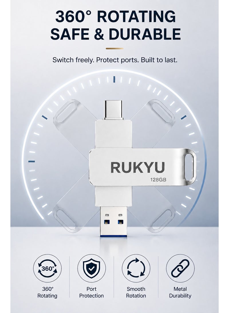روكيو ذاكرة فلاش USB 3.0 بسعة 128 جيجابايت، مزودة بمنفذين مزدوجين (USB-A وType-C) وتقنية OTG، وتتميز بسرعة نقل بيانات تصل إلى 30 ميجابايت/ثانية؛ وحدة تخزين معدنية بتصميم دوار متوافقة مع هواتف أندرويد، والأجهزة اللوحية، وأجهزة الكمبيوتر المحمولة والمكتبية (PC وMac). - Image 5