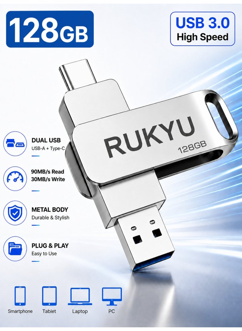 روكيو ذاكرة فلاش USB 3.0 بسعة 128 جيجابايت، مزودة بمنفذين مزدوجين (USB-A وType-C) وتقنية OTG، وتتميز بسرعة نقل بيانات تصل إلى 30 ميجابايت/ثانية؛ وحدة تخزين معدنية بتصميم دوار متوافقة مع هواتف أندرويد، والأجهزة اللوحية، وأجهزة الكمبيوتر المحمولة والمكتبية (PC وMac). - Image 1